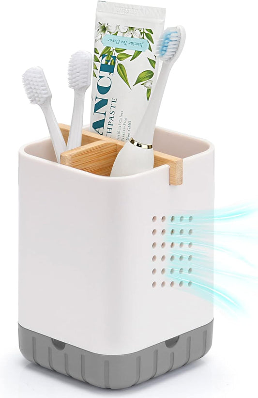 Boperzi Toothbrush and Toothpaste Holder with Bamboo Divider for Bathroom Countertop Organizer, Plastic Detachable Anti-Slip Large Electric Toothbrush Holders Storage Caddy Drainage for Family, Kids