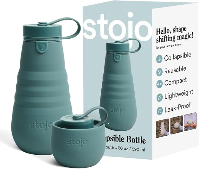 STOJO Collapsible Sports Water Bottle - Leak-Proof Reusable Silicone Travel Cup for Hot & Cold Drinks - Microwave & Dishwasher Safe - AS SEEN ON TODAY SHOW - Parent (Eucalyptus)
