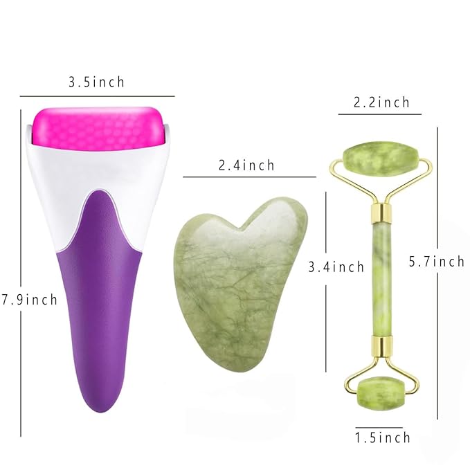 Chikoni 3 in 1 Ficial Face Ice Jade Roller and Gua Sha Tool, 100% Natural Real Jade Anti-Wrinkle Face Eye Neck Massager Tool, Reduce Wrinkles, Puffiness, Migraine, Redness, Pain and Injury (Purple)