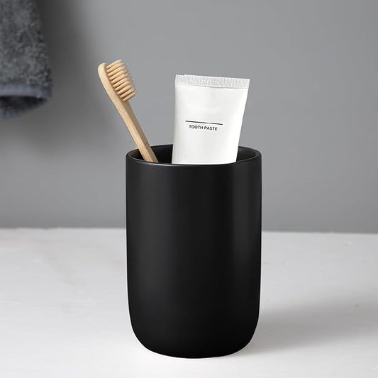 Matte Black Toothbrush Holders for Bathrooms - 1 Cups Ceramic Toothbrush Toothpaste Holders, Black Bathroom Tumbler Cup Reusable Toothbrush Cup Black Mouthwash Cup, Bathroom Counter Organizer