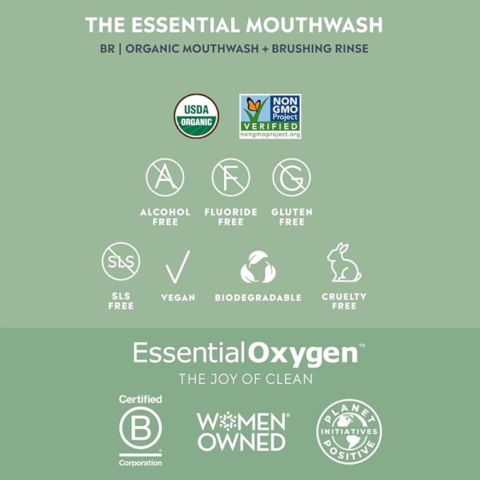 Essential Oxygen, Certified Organic Brushing Rinse, Combo, Peppermint, All Natural mouthwash, Dentist Recommended, Alcohol-Free Oral Care, 1 - 3 fl oz bottle and 1 - 16 fl oz bottle, BR (Pack of 2)