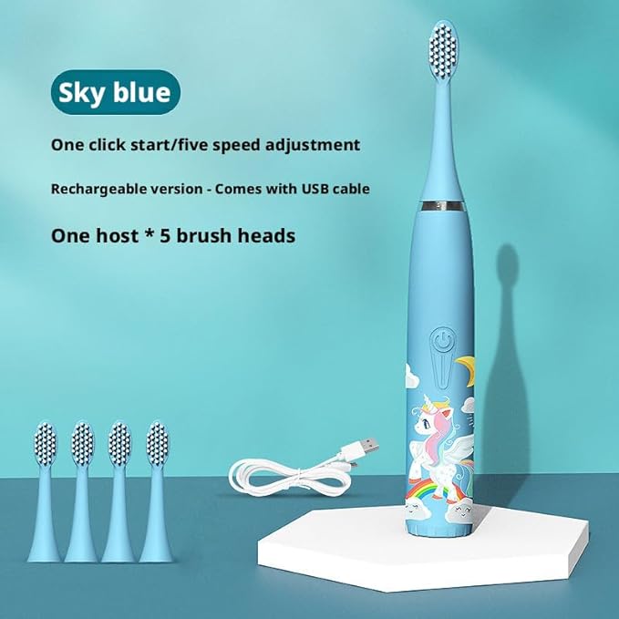 3PCS Rechargeable Children's Electric Toothbrush Ip7 Waterproof, Ultrasonic Vibration, Cute Cartoon Soft Fur Design, 5 Brush Heads