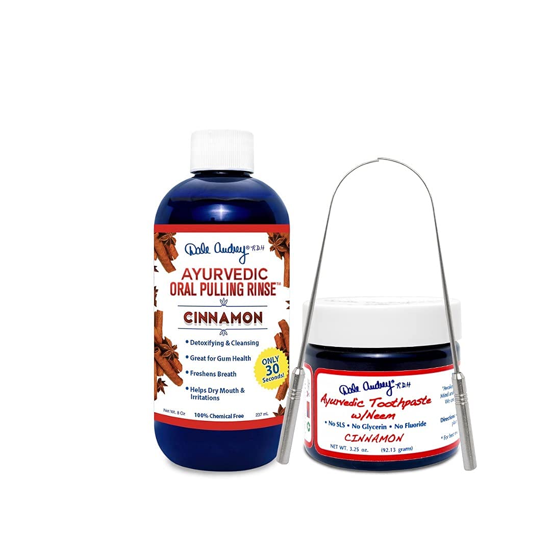 Oil Pulling for Teeth and Gums | Natural Oral Pulling Rinse Mouthwash | Cinnamon Flavor Mineralizing Tooth Paste for Whitening and Sensitive Teeth | Professional Flexible Metal Tongue Brush