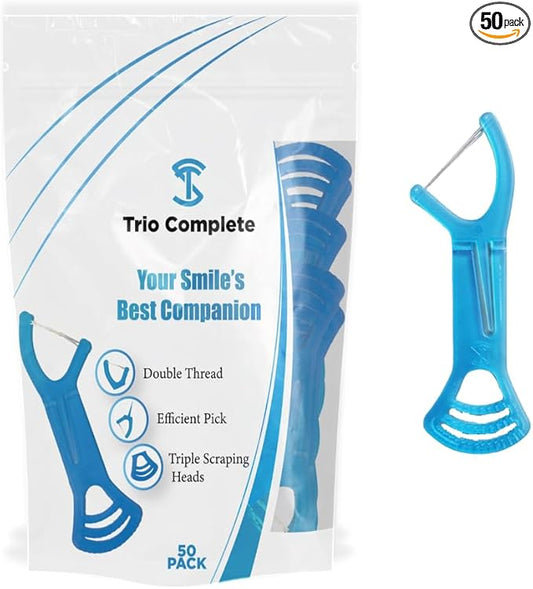 3-in-1 Complete Dental Care Set: Double Thread Floss Picks, Toothpicks, and Tongue Scraper - Your Oral Hygiene Solution with Disposable Floss Sticks for On The Go or Travel