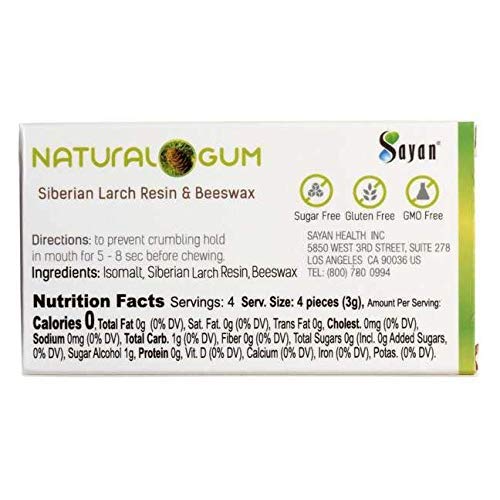Sayan Sugar Free All Natural Gum, Siberian Larch Tree Resin and Beeswax Chewing Gum for Fresh Breath, Vegetarian, Non-GMO, No Sugar, Gluten Free, Aspartame Free, No Preservatives - 2 Packs (32 Pieces)