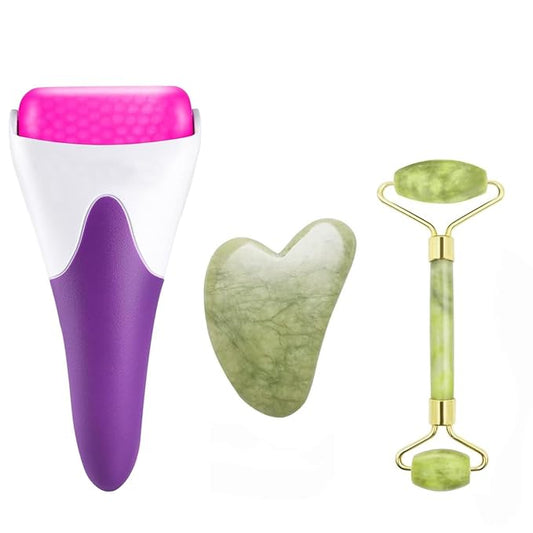 Chikoni 3 in 1 Ficial Face Ice Jade Roller and Gua Sha Tool, 100% Natural Real Jade Anti-Wrinkle Face Eye Neck Massager Tool, Reduce Wrinkles, Puffiness, Migraine, Redness, Pain and Injury (Purple)