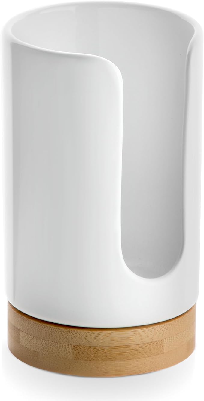 Ceramic Bathroom Cups Dispenser - 3-5 oz Disposable Paper & Plastic Bathroom Cups Holder - Mouthwash Cups Dispenser for Bathroom, Guest Toiletries, Countertop, Coffee - BPA Free (White)