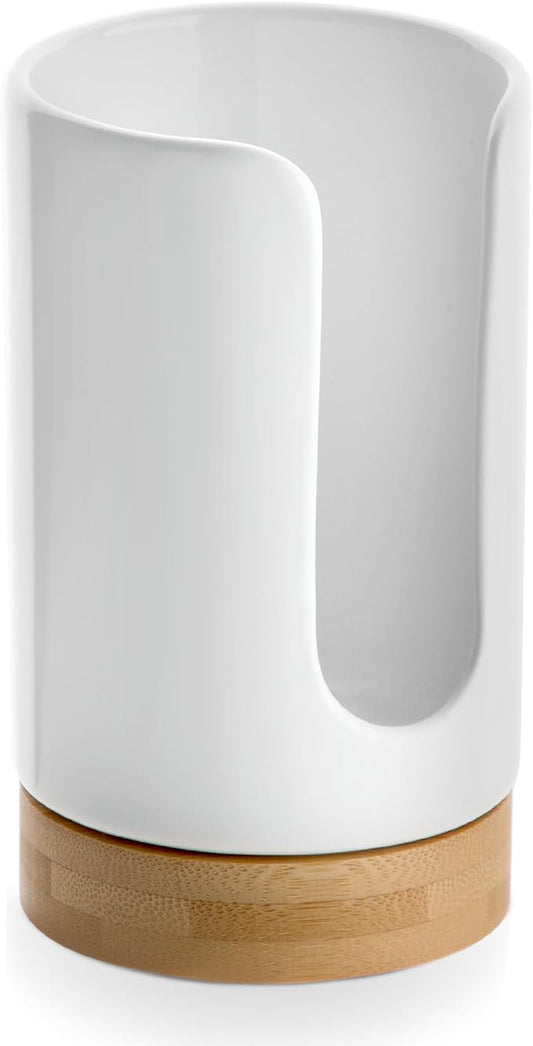 Ceramic Bathroom Cups Dispenser - 3-5 oz Disposable Paper & Plastic Bathroom Cups Holder - Mouthwash Cups Dispenser for Bathroom, Guest Toiletries, Countertop, Coffee - BPA Free (White)