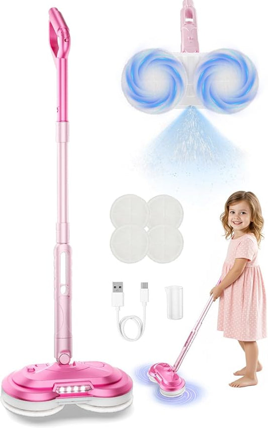 Kids Electric Spin Mop Toy, Rechargeable Cordless Electric Mop W/ Water Sprayer & LED Headlight for Children Ages 3 4 5 6+ Girls & Boys, Cleaning Toy for Pretend Play (Pink)