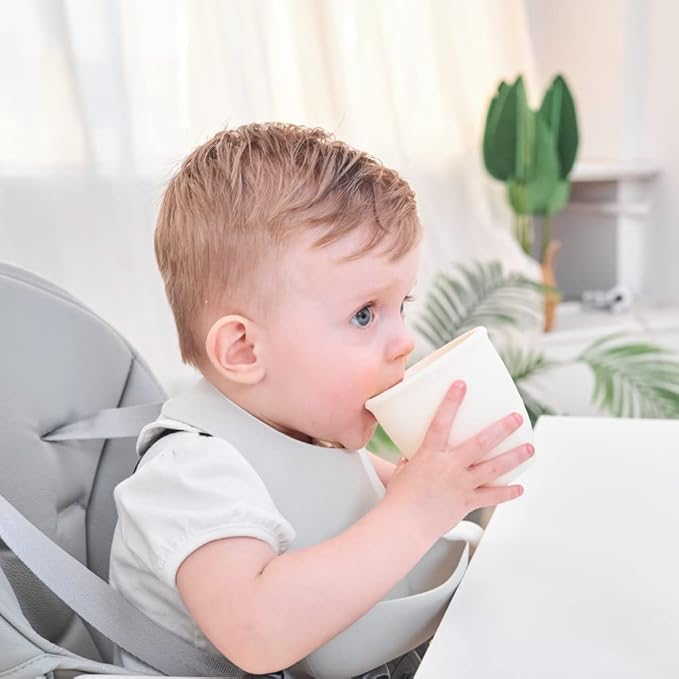 2 Pack Silicone Training Cups for Baby and Kids, Toddler Learning Cups with Handles, BPA Free, Microwave and Dishwasher (White & Grey Blue)