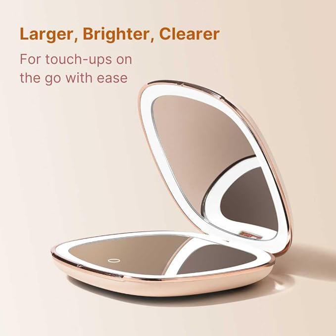 Fancii Mila 2 Compact Makeup Mirror with LED Light, Rechargeable, 10x /1x Magnifying, Tru-Glow Lighting System, Vegan Leather, Small Travel Mirror for Purses (Champagne Cream)