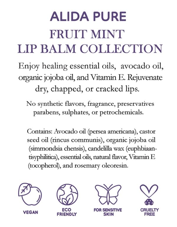 Fruit Mint Lip Balm Collection, Vegan Set, Bees Wax Free, Coconut Oil Free, with Organic Jojoba and Avocado Oil, Vitamin E, Natural Moisturizer For Dry Cracked Lips, 3 Tube Set