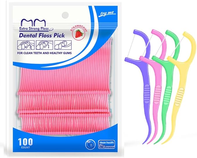 Fruit Flavored Floss，toothpicks，Cleaning Teeth，Ultra-fine Dental Floss Stick, Fight Tooth Decay and Keep Your Teeth Clean，Teeth Cleaning Tool (200 Pieces (Bagged/Single line), Mint+Strawberry Flavor)