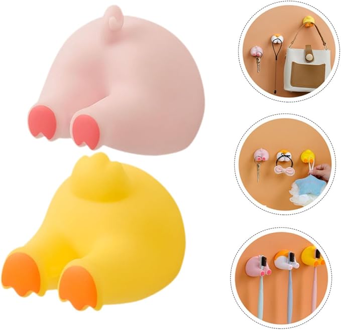 Luxshiny 2Pcs Animal Butt Wall Hooks Self-Adhesive Toothbrush Holders Bathroom Decorative Hangers Installation Quick-Dry Design for Smooth Surfaces Cute Pig Duck Tail