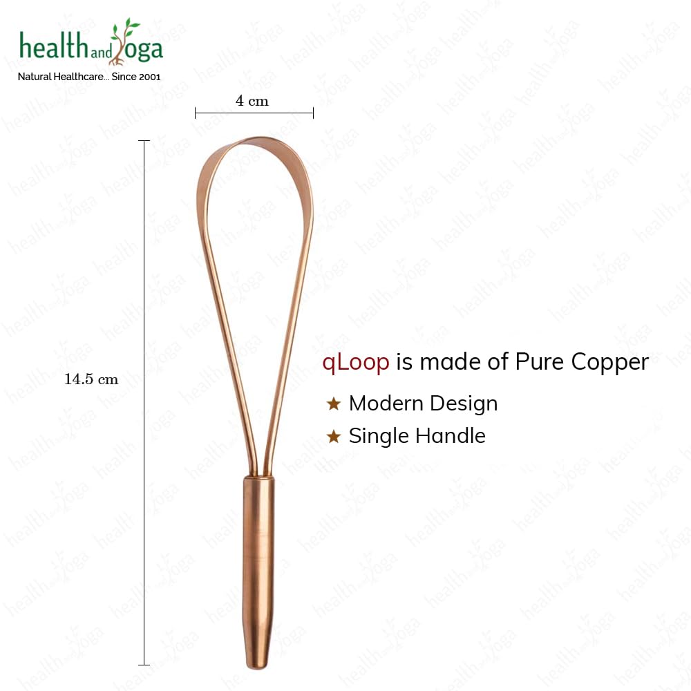 HealthAndYoga™ qLoop Copper Tongue Cleaner - Easy One Hand Use - Larger Surface Coverage - Ayurvedic Copper Health for Fresh Breath and Total Oral Hygiene (Set of 2)