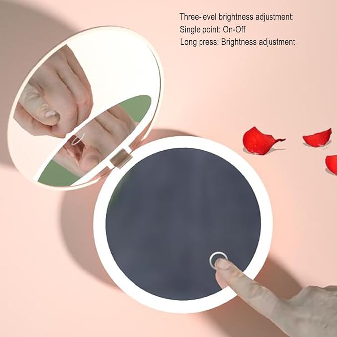 LED Illuminated Travel Makeup Mirror,Portable Folding Mirror,Mini Travel Mirror,Hand Mirror,1X/2X Magnifying Glass,Touch Adjustable Screen(White 3.5-Inch)