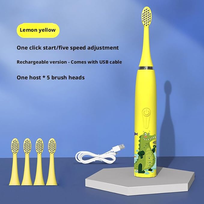 3PCS Rechargeable Children's Electric Toothbrush Ip7 Waterproof, Ultrasonic Vibration, Cute Cartoon Soft Fur Design, 5 Brush Heads