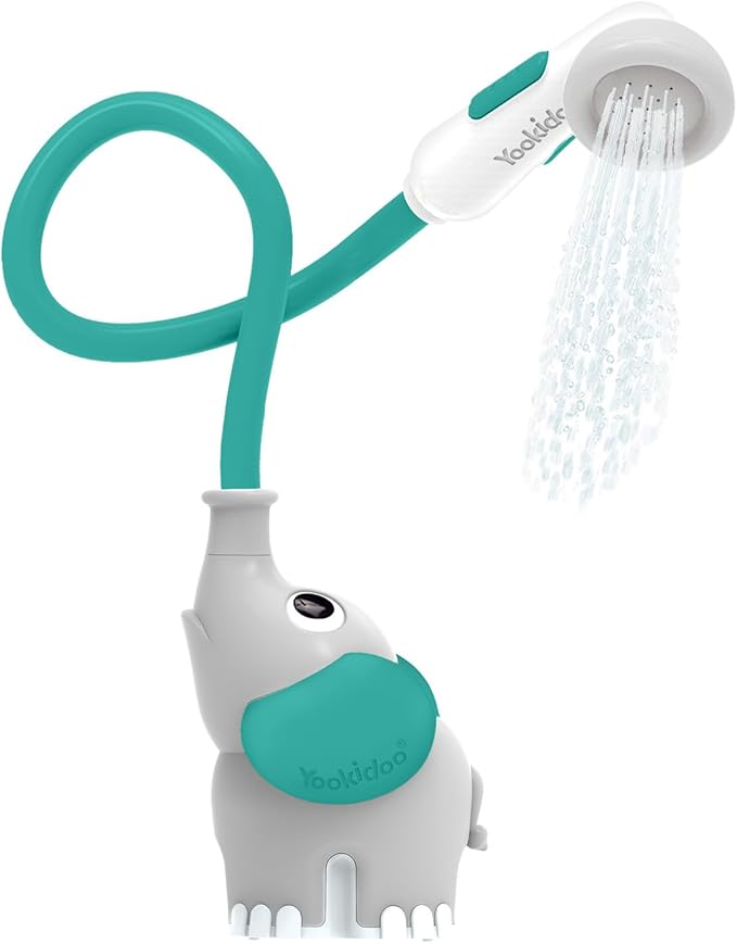 Yookidoo Baby Bath Shower Head - Elephant Water Pump with Trunk Spout Rinser - Control Water Flow from 2 Knobs for Maximum Fun in Tub or Sink for Newborn Babies (Grey and Forest Green)
