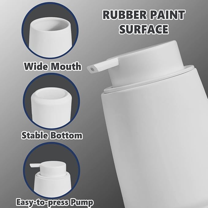 12Oz White Soap Dispenser - Modern Ceramic Lotion Hand Soap Dispenser with Easy-to-Press White Pump, Reusable and Refillable Liquid Dish Soap Dispensers for Bathroom, Kitchen (Rubber Paint)