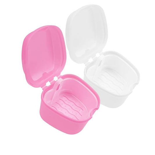 2pcs Denture Bath Retainer Case, Dentaure Cups for Soaking Dentures with Strainer Basket Tray,Compact and Pportable Design, Suitable for Traveling (Pink+White)