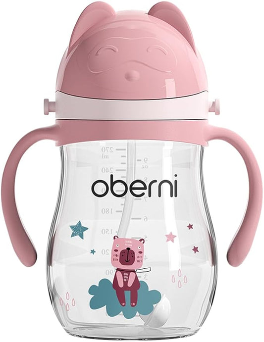 Leakproof Sippy Cups, Double Sealing No Spill Water Bottle with Weighted Straw and Non-Slip Handle for Toddler 1-3 Years, Tritan Baby Cups 12+ Months, 270ml/9oz (1Pack,Pink)