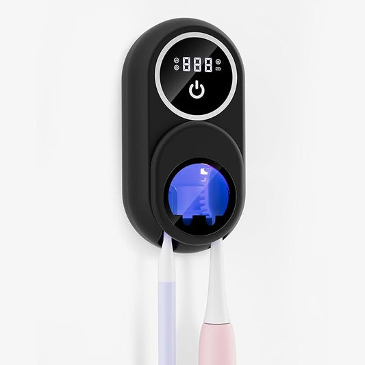 Toothbrush Holder & Toothbrush Cleaner, UV Toothbrush Sanitizer and Holder 2 Slots, Cleaning and Fan & Heat Drying, LED Smart Screen, Wall Mounted Tooth Brush Holder for Bathrooms (Black)