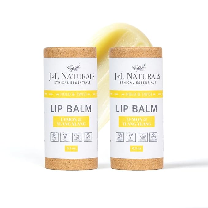 J&L Naturals Sustainable Lip Balm | Organic Ingredients, 100% Natural, Eco-Friendly | Cruelty Free, Vegan, Paraben Free, Silicone Free (Lemon & Ylang Ylang, 2-Piece Duo)