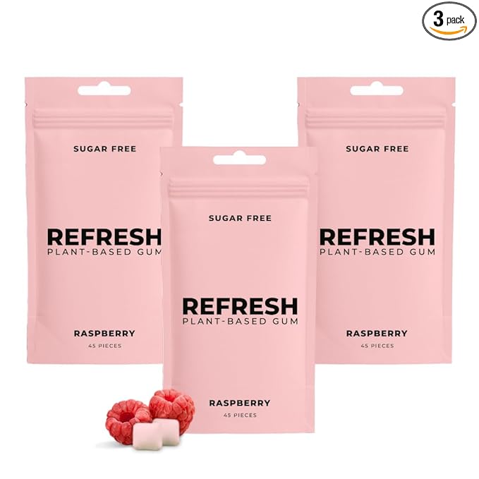 Refresh Gum Raspberry –Xylitol, Sugar Free Chewing Gum Pouches, Natural Flavor & Organic Ingredients – Aspartame Free, Plant-Based, Non-GMO – 45 Pieces Each, 3 Pack