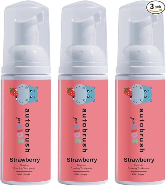 autobrush Fluoride Foaming Toothpaste for Kids, Strawberry Flavor, Whitening & Deep Cleaning, Travel Friendly, Anti-Cavity (Pack of 3)