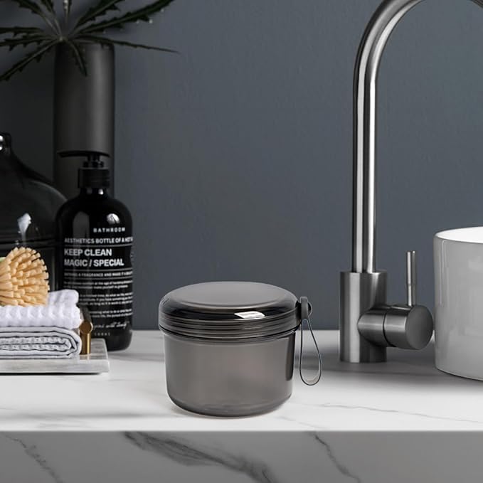 Upgraded Large Denture Bath Box Cup No-Leak Denture case Retainer Cleaning Box Complete Clean Care for Dentures Clear Braces Mouth Guard Night Guard & Retainers (transparent grey)