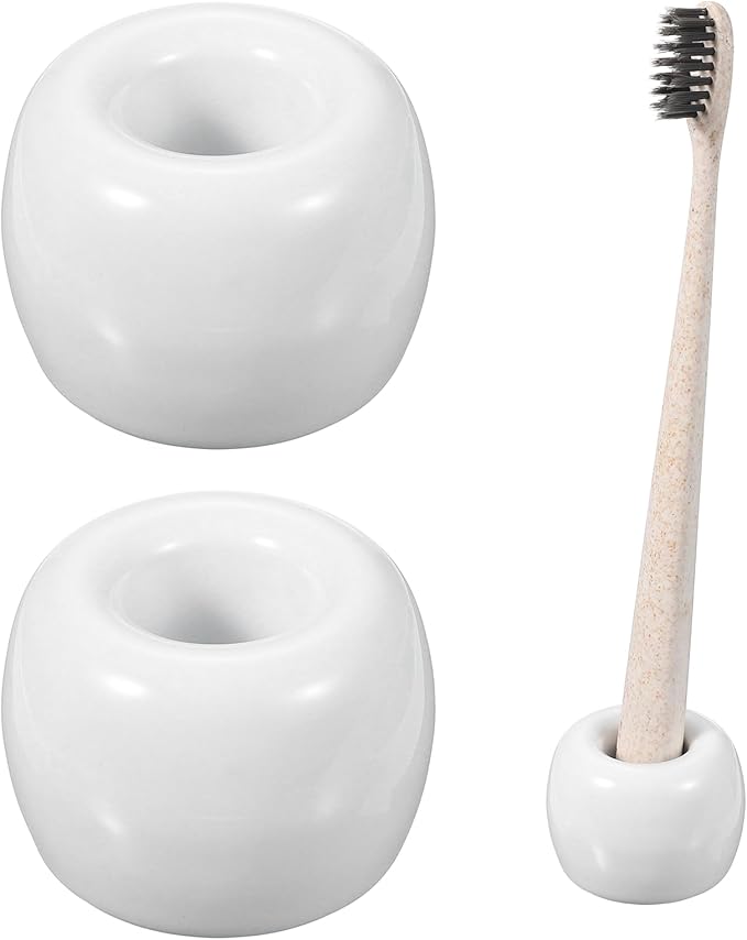 uxcell 2 Pcs Mini Ceramics Toothbrush Holder Stands, Sleek Mini Countertop Toothbrush Round Shape Ceramic Holder Stand for Bathroom Vanity Countertops, White