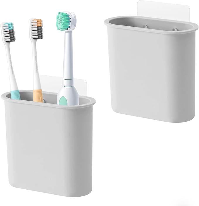 2 Packs Toothbrush Holders Wall Mounted, Self Adhesive Tooth Brush Holder for Bathroom Electric Toothbrush Toothpaste Razor Bathroom Accessories(Grey