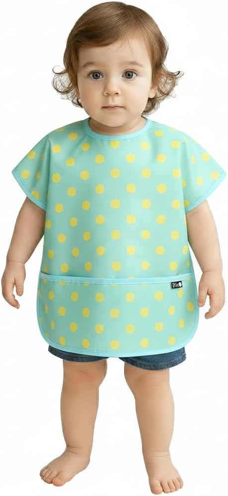 Short Sleeve Waterproof Bib for Toddlers – Easy Clean Feeding Apron for Mealtime, Daycare, Self-Feeding, Lightweight