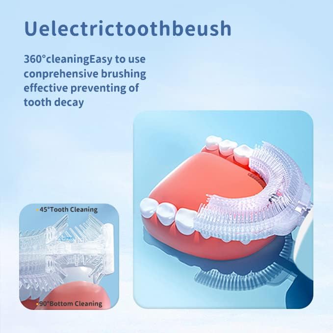 Kids Electric U Shaped Toothbrush Children Rechargeable Sonic Toothbrush with 4 Brush Heads Full Mouth 6 Cleaning Modes - (Age 8-15, Gray)