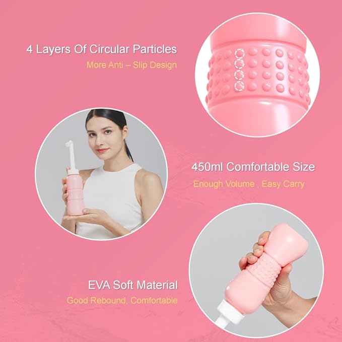 Upside Down Peri Bottle for Postpartum Care, Portable Bidet Bottle with Travel Bag, Handheld Perineal Sprayer,Reusable Douche Bottle for Women,Men,Baby,Personal Hygiene 450ml-2Pack (Pink)