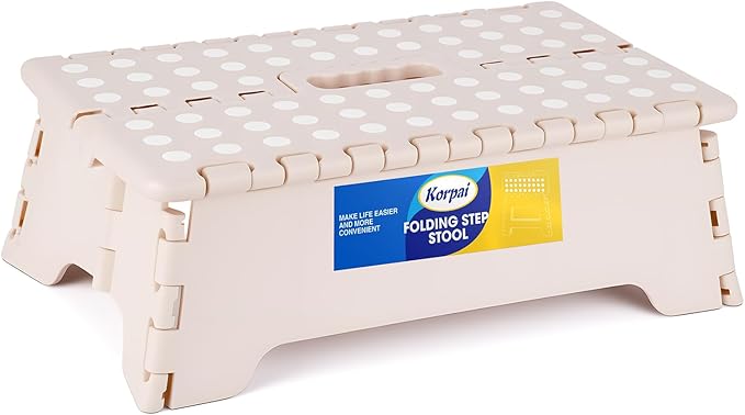Korpai 5" Folding Step Stool for Adults and Kids 15-Inch Extra Wide Stool Holds Up to 300 lbs,Non-Slip Folding Stools with Handle,Compact Plastic Foldable Step Stool for Bathroom,Kitchen,ect, Khaki
