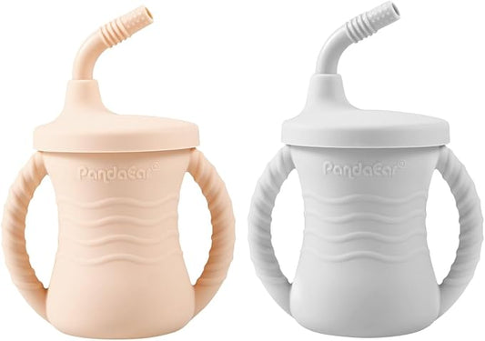 PandaEar Silicone Training Cup, 2 Pack Baby Drinking Sippy Cups with Handles & Straw for Baby and Toddler 6 Months+ (Pink&Grey)