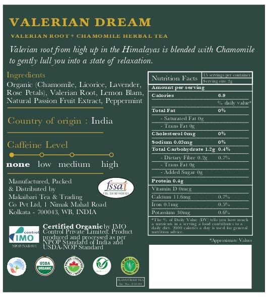 Luxmi Estates Valerian Dream Organic Valerian Root Tea (50 Tea Bags) Caffeine Free Tea For Sleep, Relaxing, Calming, and Stress Relief