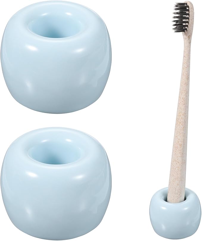 uxcell 2 Pcs Mini Ceramics Toothbrush Holder Stands, Sleek Mini Countertop Toothbrush Round Shape Ceramic Holder Stand for Bathroom Vanity Countertops, Blue