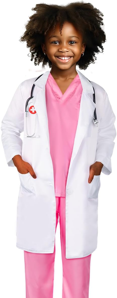 Meland Doctor Costume for Girls - Kids Scrubs with Lab Coat & Carry Bag, Doctor Dress Up for Halloween, Career Day Role Play