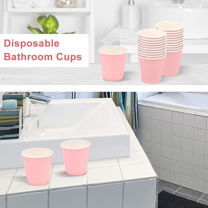 100 Pack 3 oz Pink Paper Cups,Mouthwash Cups, Disposable Bathroom Cups,Small Paper Cups 3oz Ideal for Bathroom, Supermarket, Birthday Party, Picnic and BBQ