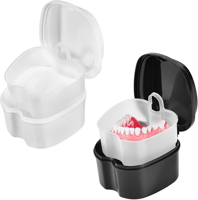 2 Pack Colors Denture Bath Case Cup Box Holder Storage Soak Container with Strainer Basket for Travel Cleaning (White and Black)