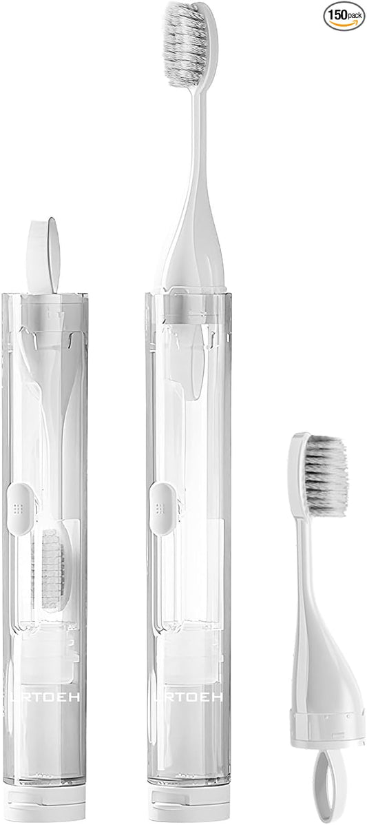 Travel Toothbrush with Built-in Toothpaste Container, Foldable Toothbrush with 2 Soft Brush Head, Portable Reusable Toothbrushes for Business Trips, Camping, Travel Size（White）
