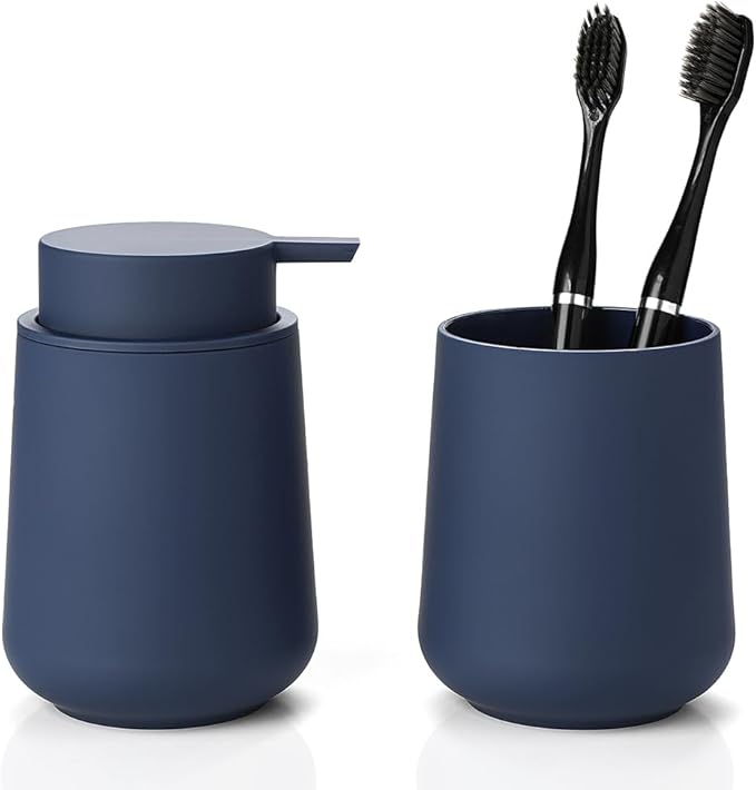Matte Navy Blue Bathroom Accessories 2 Piece Set Plastic Soap Dispenser and Toothbrush Holder for Modern Bathroom Decor