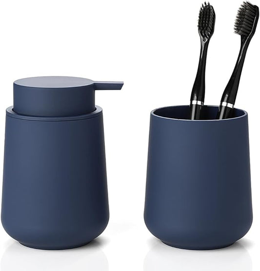 Matte Navy Blue Bathroom Accessories 2 Piece Set Plastic Soap Dispenser and Toothbrush Holder for Modern Bathroom Decor