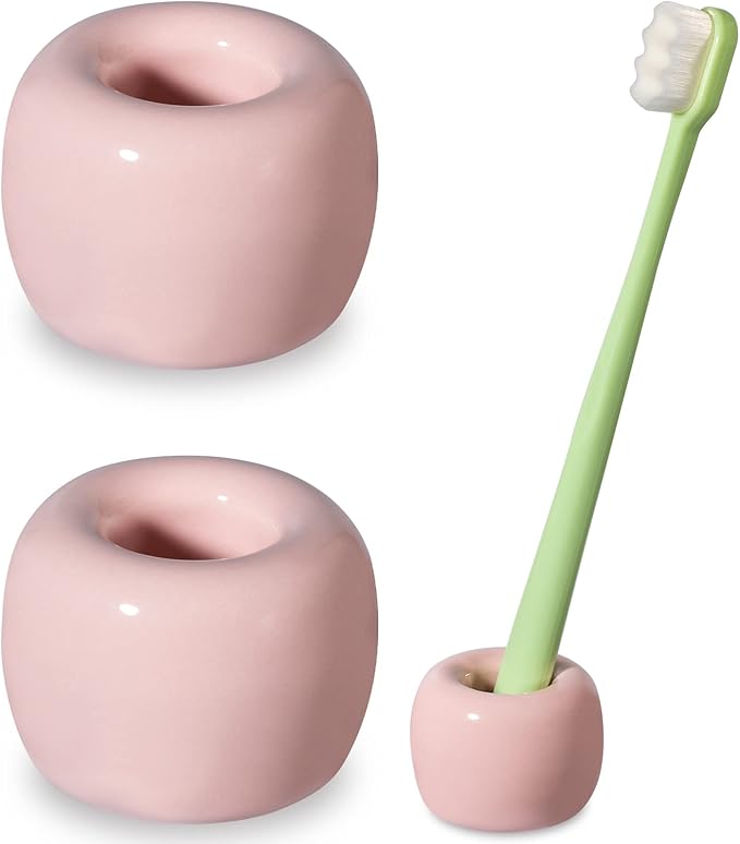 Urbanstrive Sleek Mini Ceramics Toothbrush Holder Stand for Bathroom Vanity Countertops (Pink 2-Pack)