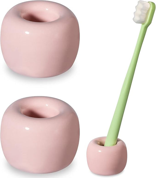 Urbanstrive Sleek Mini Ceramics Toothbrush Holder Stand for Bathroom Vanity Countertops (Pink 2-Pack)