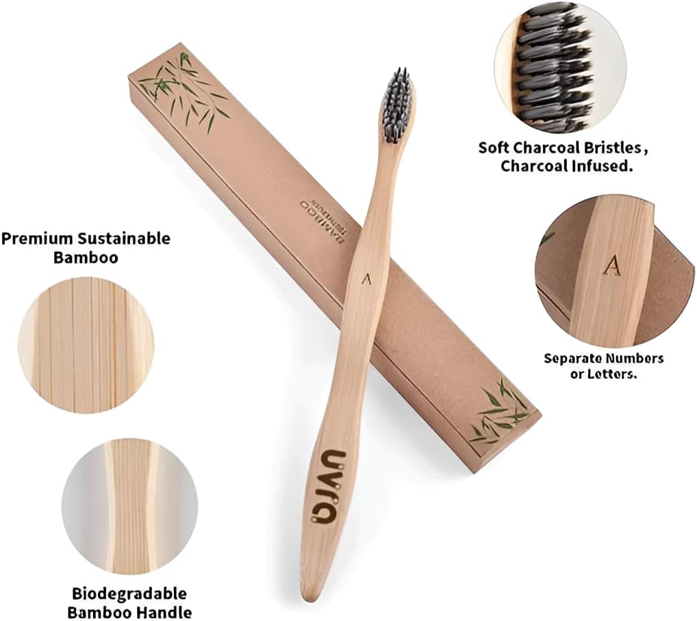Bamboo Toothbrushes for Adults - 10 Pack Eco-Friendly, Biodegradable, Charcoal-Infused Soft Bristles Bamboo Toothbrush - Sustainable Plastic Free, Compostable Natural Wooden Toothbrushes