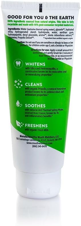 MOUTHWATCHERS Whitening Fluoride Free Naturally Sourced Toothpaste, 3 oz Tube, for Sensitive Teeth and Gums, Organic, SLS Free, Fresh Organic Mint and Propolis, by Dr. Plotka's