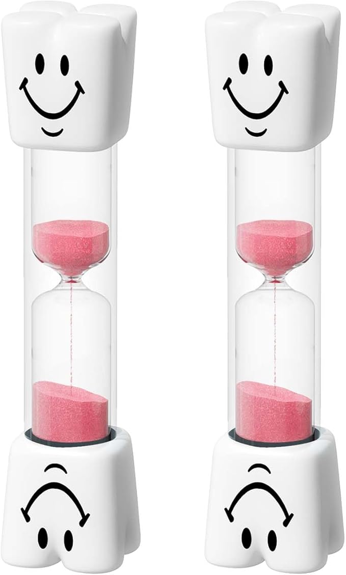 2 Minute Toothbrush Sand Timer for Kids, Small Pink Smiley Acrylic Hourglass Sand Clock Set 2min, Plastic Glass Mini Sandglass for Classroom Games Kitchen (Pack of 2)